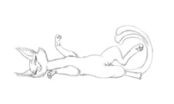 Size: 1280x766 | Tagged: safe, artist:carnifex, idw, baast, cat, g4, spoiler:comic, spoiler:comic24, female, forked tail, grayscale, lying down, monochrome, on back, one eye closed, simple background, sketch, solo, white background