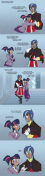 Size: 900x3460 | Tagged: safe, artist:egophiliac, shining armor, twilight sparkle, human, steamquestria, g4, blue background, brother and sister, comic, crystal, dark skin, duo, female, humanized, male, prosthetic limb, robotic hand, simple background, steampunk
