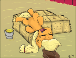 Size: 373x286 | Tagged: safe, artist:davierocket, applejack, g4, drool, female, sleeping, snoring, solo, straw bales