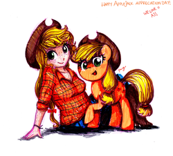 Size: 2552x2304 | Tagged: safe, artist:cosmicponye, applejack, human, g4, high res, human ponidox, humanized, traditional art