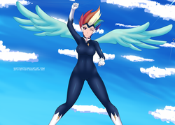 Size: 1980x1414 | Tagged: safe, artist:sketchbits, rainbow dash, zapp, human, g4, power ponies (episode), bodysuit, breasts, busty rainbow dash, female, humanized, pixiv, power ponies, solo, winged humanization