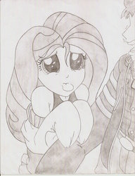 Size: 1700x2212 | Tagged: safe, artist:jmkplover, fluttershy, equestria girls, g4, alternate clothes, clothes, grayscale, monochrome, off shoulder, off shoulder sweater, pouting, sweater, sweatershy, traditional art