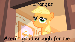 Size: 892x501 | Tagged: safe, edit, edited screencap, screencap, applejack, g4, the cutie mark chronicles, caption, disappointed, female, filly, filly applejack, sad, solo, younger