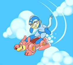 Size: 1280x1139 | Tagged: safe, artist:khorme, oc, oc only, oc:ultramare, dog, earth pony, pony, bipedal, cloud, crossover, flying, mega man (series), mlpgdraws, parody, rush, sky