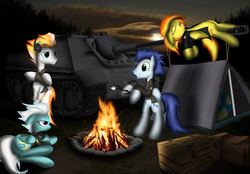 Size: 3200x2227 | Tagged: safe, artist:spitshy, fire streak, fleetfoot, soarin', spitfire, g4, beach ball, high res, jagdpanther, tank (vehicle)