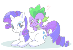 Size: 600x410 | Tagged: dead source, safe, artist:mido, rarity, spike, pony, unicorn, g4, duo, female, heart, lying down, male, pixiv, prone, ship:sparity, shipping, simple background, straight, white background