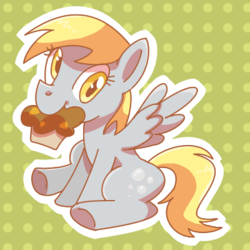 Size: 400x400 | Tagged: dead source, safe, artist:mido, derpy hooves, pegasus, pony, g4, female, mare, mouth hold, muffin, pixiv, polka dot background, sitting, solo