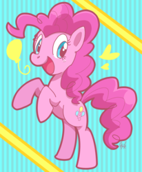 Size: 482x584 | Tagged: dead source, safe, artist:mido, pinkie pie, earth pony, pony, g4, female, pixiv, rearing, solo, striped background