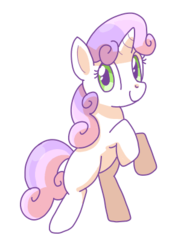 Size: 300x414 | Tagged: dead source, safe, artist:mido, sweetie belle, pony, unicorn, g4, blank flank, female, pixiv, rearing, simple background, solo, white background