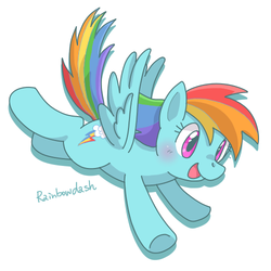 Size: 500x500 | Tagged: dead source, safe, artist:mido, rainbow dash, pegasus, pony, g4, female, flying, open mouth, open smile, pixiv, simple background, smiling, solo, white background