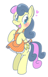 Size: 316x500 | Tagged: dead source, safe, artist:mido, bon bon, sweetie drops, earth pony, pony, g4, apron, bipedal, clothes, female, pixiv, simple background, solo, white background