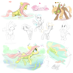 Size: 1024x1024 | Tagged: safe, artist:bronyseph, applejack, fluttershy, pinkie pie, rainbow dash, spike, original species, timber pony, timber werepony, g4, cute, shyabetes, sketch, swimming, timber wolfified, timberjack, wet mane