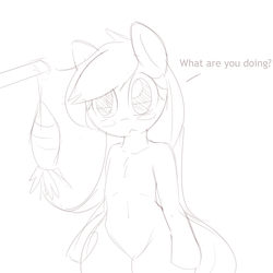 Size: 2000x2000 | Tagged: safe, artist:randy, oc, oc only, oc:aryanne, pony, bait, bipedal, black and white, blushing, carrot, chest fluff, confused, embarrassed, female, fishing rod, frown, grayscale, high res, hips, monochrome, solo, standing, stick, troll