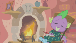 Size: 960x540 | Tagged: safe, screencap, spike, twilight sparkle, pony, unicorn, g4, season 1, winter wrap up, animated, book, bookshelf, clipboard, clothes, cold, cute, fire, fireplace, golden oaks library, horseshoes, laughing, letter, picture frame, plaid, quill, robe, rocking chair, sleeping, slippers, snoring, stare, twiabetes, unicorn twilight, vase