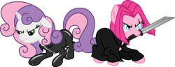 Size: 5000x1914 | Tagged: safe, artist:kamyk962, pinkie pie, sweetie belle, g4, adult, catsuit, duo, mouth hold, older, pinkamena diane pie, scar, sword