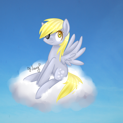 Size: 3520x3520 | Tagged: safe, artist:sannykat, derpy hooves, pegasus, pony, g4, eyepatch, female, high res, mare, sitting, sky, smiling, solo