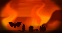 Size: 908x490 | Tagged: safe, artist:faith-wolff, kaiju, fanfic:the bridge, anguirus, fanfic art, fire, godzilla, godzilla (series), godzilla junior, mothra, mothra lea, rodan