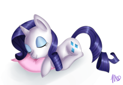 Size: 3521x2425 | Tagged: safe, artist:mikidono, rarity, g4, female, high res, pillow, simple background, sleeping, solo