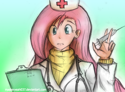 Size: 2019x1488 | Tagged: safe, artist:oyedraws, fluttershy, human, g4, clothes, doctor, female, humanized, solo, sweatershy, syringe