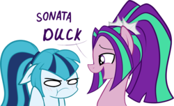 Size: 2163x1319 | Tagged: safe, artist:mishti14, aria blaze, sonata dusk, duck, earth pony, pony, equestria girls, g4, dialogue, duo, equestria girls-ified, female, ponified, sibling teasing, siblings, sisters, sisters being sisters, sonata duck, sonata dusk is not amused