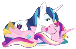 Size: 1050x675 | Tagged: safe, artist:dm29, princess cadance, shining armor, alicorn, pony, unicorn, g4, cuddling, cute, duo, eyes closed, female, glomp, julian yeo is trying to murder us, kisses, laughing, male, mare, on back, open mouth, prone, ship:shiningcadance, shipping, simple background, smiling, snuggling, stallion, straight, transparent background