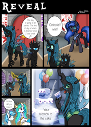 Size: 1500x2091 | Tagged: safe, artist:vavacung, nightmare moon, princess celestia, queen chrysalis, oc, oc:paper mache, changeling, comic:to love god - to love mortal, g4, cake, cakelestia, comic, this day aria