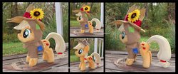 Size: 1600x668 | Tagged: safe, artist:peruserofpieces, applejack, earth pony, pony, g4, clothes, costume, irl, multiple views, nightmare night costume, outdoors, photo, plushie, scarecrow, solo