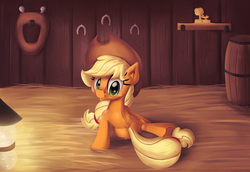 Size: 2000x1372 | Tagged: safe, artist:discorded, applejack, g4, award, barn, barrel, butt, butt freckles, female, hay, horse collar, horseshoes, lamp, looking back, plot, rear view, sitting, solo, trophy