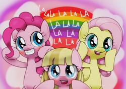 Size: 1024x723 | Tagged: safe, artist:hoyeechun, fluttershy, pinkie pie, g4, andrea libman, cute, rainbow