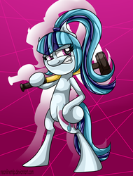Size: 950x1250 | Tagged: safe, artist:neoncel, sonata dusk, pony, equestria girls, g4, my little pony equestria girls: rainbow rocks, bipedal, equestria girls ponified, female, grin, hammer, high ponytail, long hair, ponified, ponytail, sledgehammer, solo