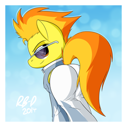 Size: 2400x2400 | Tagged: safe, artist:rb-d, spitfire, pegasus, pony, g4, butt, clothes, female, firebutt, high res, jumpsuit, looking at you, looking back, looking back at you, plot, solo, stupid sexy spitfire, sunglasses, warmup suit