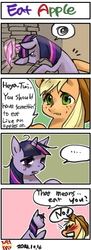 Size: 384x1050 | Tagged: safe, artist:norang94, applejack, twilight sparkle, g4, ..., blushing, comic, female, implied cannibalism, implied vore, lesbian, magic, messy mane, open mouth, pointing, quill, ship:twijack, shipping, telekinesis, tired, writing