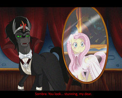 Size: 600x480 | Tagged: safe, artist:thepurpah, fluttershy, king sombra, vampire, g4, clothes, dracula, dress, fake screencap, fangs, female, male, mirror, reference, ship:sombrashy, shipping, straight, subtitles