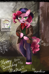 Size: 700x1050 | Tagged: safe, artist:marihico, pinkie pie, rainbow dash, pony, semi-anthro, g4, bipedal, cigarette, gun, wanted poster, weapon