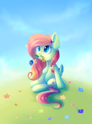 Size: 4133x5511 | Tagged: safe, artist:ghst-qn, oc, oc only, oc:rosalee, pegasus, pony, absurd resolution, female, flower, flower in hair, flower in mouth, grass, looking up, mare, mouth hold, sitting, sky, smiling, solo