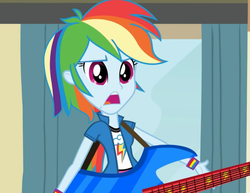 Size: 948x733 | Tagged: safe, edit, edited screencap, screencap, rainbow dash, equestria girls, g4, my little pony equestria girls: rainbow rocks, alternate hairstyle, curtains, female, frown, guitar, open mouth, short hair, solo