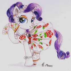 Size: 1024x1029 | Tagged: safe, artist:lailyren, rarity, pony, unicorn, g4, alternate hairstyle, clothes, dress, fan, female, folding fan, solo, traditional art