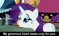 Size: 1600x973 | Tagged: safe, rarity, pony, unicorn, g4, bedroom eyes, bronybait, caption, cs captions, female, heart, love, mare