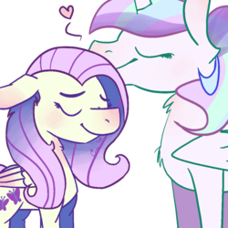 Size: 1000x1000 | Tagged: safe, artist:rivalcat, fluttershy, princess celestia, g4, cute, eyes closed, female, floppy ears, fluffy, heart, kissing, lesbian, nuzzling, ship:flutterlestia, shipping, simple background, smiling, transparent background