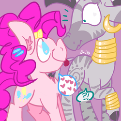 Size: 1000x1000 | Tagged: safe, artist:rivalcat, pinkie pie, zecora, zebra, g4, boop, ear fluff, female, fluffy, kissing, lesbian, noseboop, pinkora, shipping, zecorapie