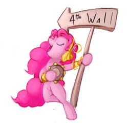 Size: 1209x1200 | Tagged: safe, artist:maxtaka, pinkie pie, pony, friendship is witchcraft, g4, bipedal, eyes closed, female, fourth wall, gypsy pie, musical instrument, sign, solo, tambourine