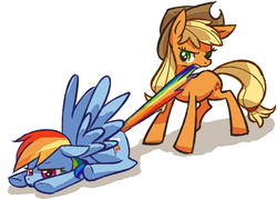 Size: 800x573 | Tagged: safe, artist:awbt, applejack, rainbow dash, earth pony, pegasus, pony, g4, applejack pulling rainbow dash's tail, biting, duo, mouth hold, pixiv, prone, simple background, tail bite, tail pull, white background