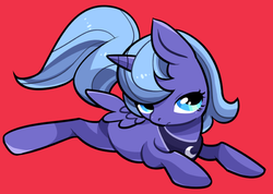 Size: 600x428 | Tagged: safe, artist:awbt, princess luna, alicorn, pony, female, filly, pixiv, prone, red background, s1 luna, simple background, solo, wings, woona, younger