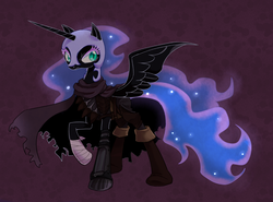 Size: 800x591 | Tagged: safe, artist:awbt, nightmare moon, alicorn, pony, g4, bandage, boots, cloak, clothes, female, pixiv, raised hoof, shoes, solo