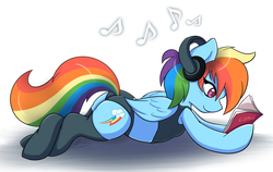 Size: 5498x3474 | Tagged: safe, artist:ambris, rainbow dash, pegasus, pony, g4, black underwear, bra, bra on pony, butt, clothes, comic book, crop top bra, female, headphones, implied tail hole, mare, panties, plot, rainbutt dash, reading, socks, solo, tank top, underwear