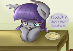 Size: 1280x897 | Tagged: safe, artist:freefraq, boulder (g4), maud pie, g4, bust, english, food, portrait, sitting, speech bubble, table