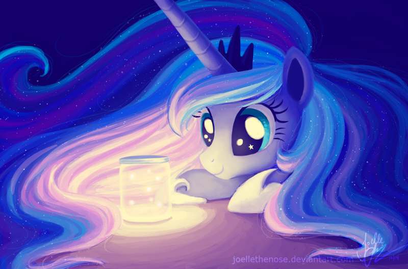 Size: 1280x845 | Tagged: safe, artist:joellethenose, princess luna, alicorn, firefly (insect), pony, 2014, beautiful, crown, cute, ethereal mane, featured image, female, hooves on the table, horn, jar, jewelry, long horn, long mane, looking at something, lunabetes, lying, mare, prone, regalia, signature, smiling, solo, starry eyes, starry mane, sweet dreams fuel, wingding eyes