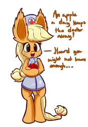 Size: 700x1000 | Tagged: safe, artist:heir-of-rick, applejack, earth pony, pony, g4, apple, bipedal, clothes, ear fluff, female, fluffy, hat, impossibly large ears, nurse, solo
