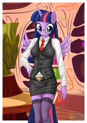 Size: 955x1351 | Tagged: safe, artist:mysticalpha, twilight sparkle, anthro, g4, book, clothes, dress, female, glasses, golden oaks library, library, necktie, shirt, skirt, smiling, solo, teacher outfit, thigh highs, twilight sparkle (alicorn), vest