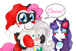 Size: 1503x1018 | Tagged: safe, artist:blackbewhite2k7, fluttershy, pinkie pie, rarity, earth pony, pegasus, pony, unicorn, g4, annoyed, batman, blush sticker, blushing, catmare, catwoman, cosplay, costume, cross-popping veins, crossover, dc comics, emanata, eyes closed, flutterbitch, forced smile, grin, harley quinn, pinkie quinn, poison ivy, poison ivyshy, smiling, sweat, sweatdrop
